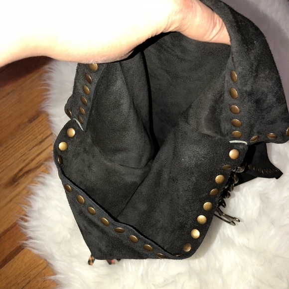 SAVE THE QUEEN Black Suede Studded Lucite Beads Strap Crossbody Bag Keychain - Picture 8 of 8